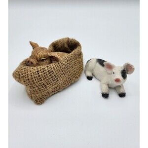 Pig in a burlap blanket sack and pig laying down figurine Vintage 1990 LS INC